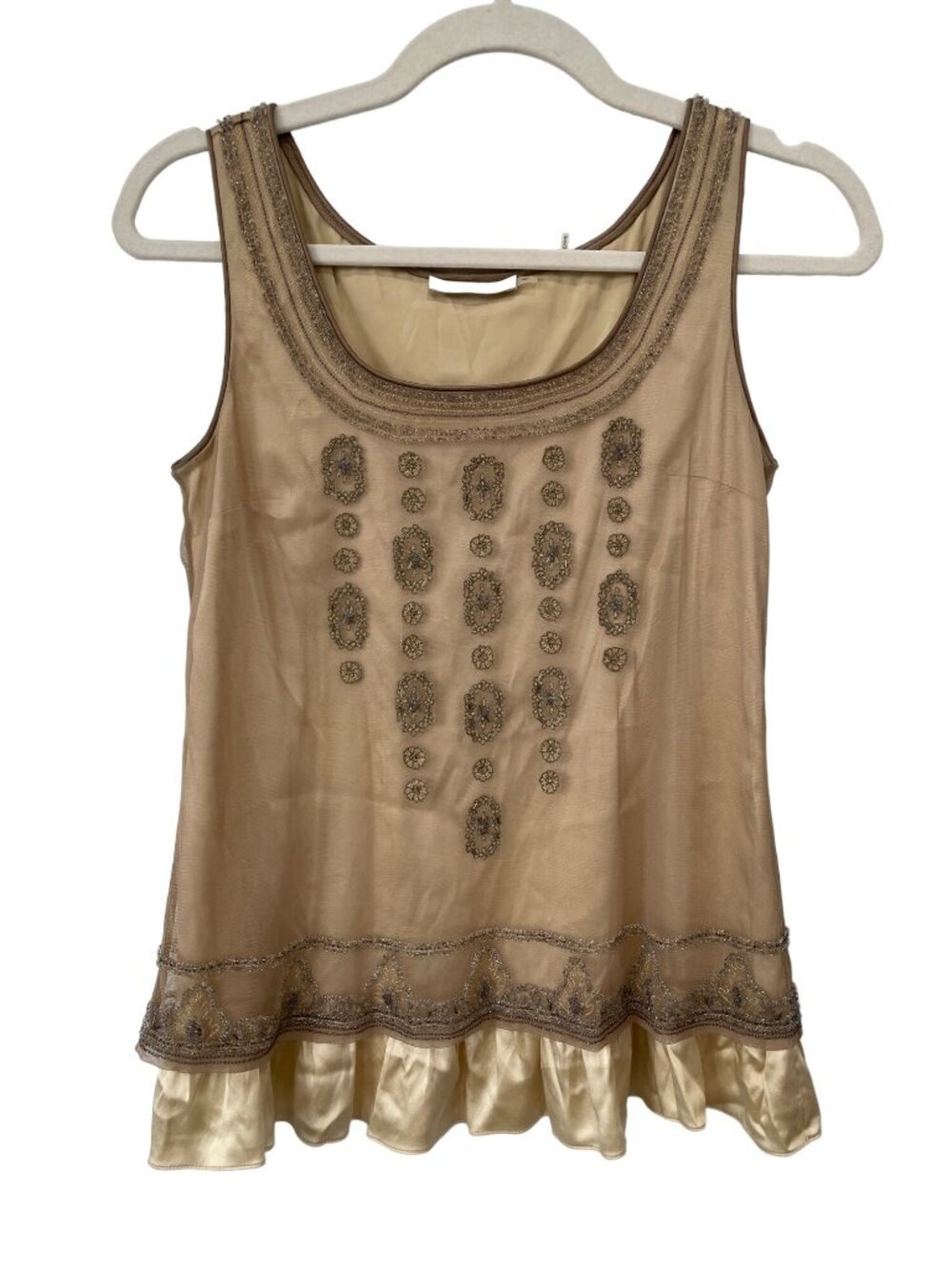 Badgley Mischka Top Size 0 Embellished Sleeveless Ruffle Hem Beige Gold Mesh Y2K